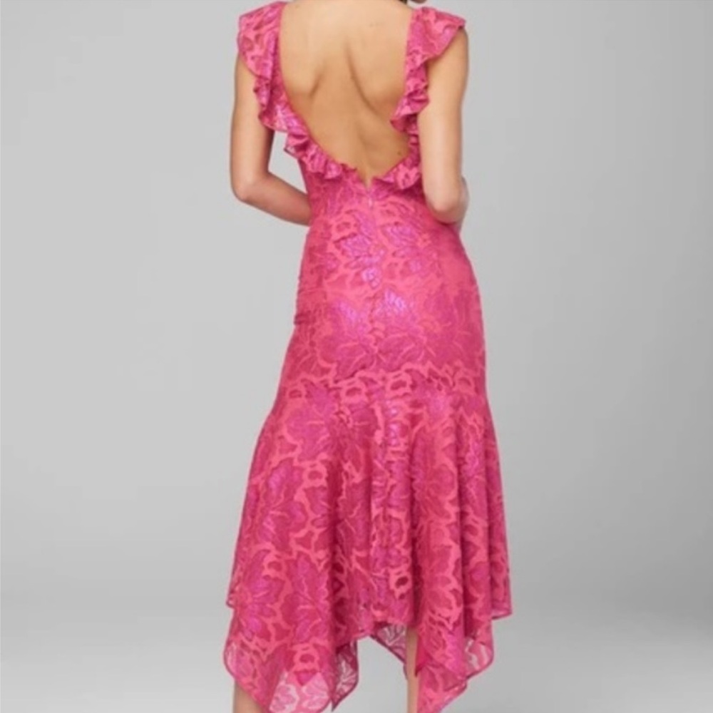 BEBE NWT Lace Ruffle Midi Dress pink glo - Picture 2 of 4